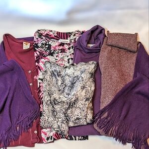 5 Piece Bundle of Purple Tops and Fringe Scarf Vintage Mix